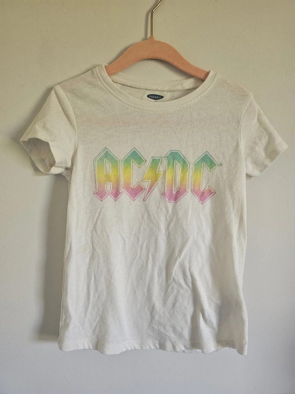 Old Navy White Kids Short Sleeve Tee with Pastel Rainbow AC/DC Logo